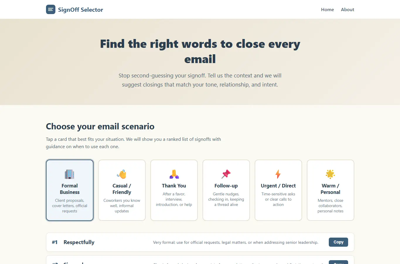Screenshot of SignOff Selector – Pick the Perfect Email Closing interface showing the project page in use